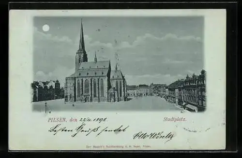 Mondschein-AK Pilsen, Stadtplatz mit Kirche