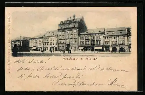 AK Plzen, Rathaus und Gebäude der Innenstadt