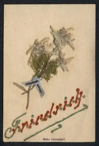 Trockenblumen-AK Getrocknetes Edelweiss, Name Friedrich in Glitzerperlenschrift