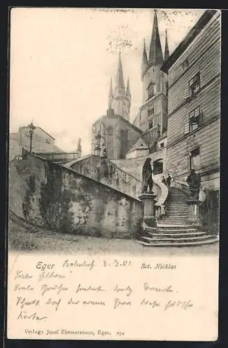AK Eger, Kirche Sct. Nicklas mit Treppenaufgang
