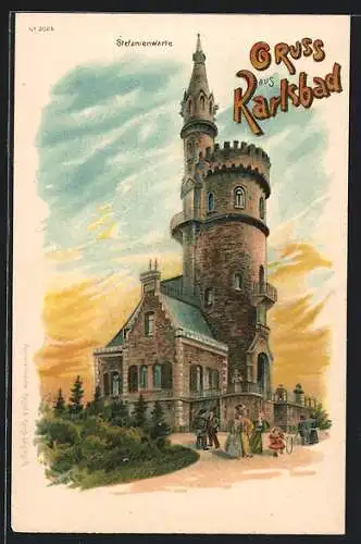 Lithographie Karlsbad, Spaziergänger an der Stefanienwarte