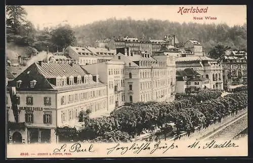 AK Karlsbad, Neue Wiese mit Hotel Goldenes Schild aus der Vogelschau