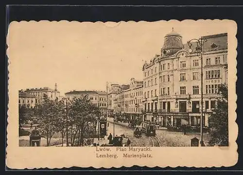 AK Lemberg, Marienplatz mit Geschäften, Strassenbahn