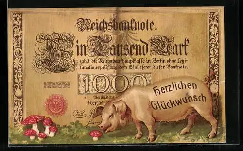 AK Schwein an einer Reichsbanknote von Eintausend Mark, Geld