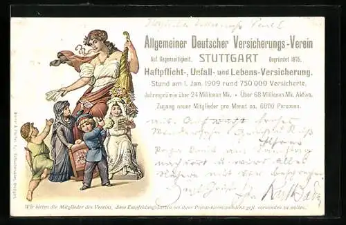 AK Stuttgart, Reklame des Allgemeinen Deutscher Versicherungs-Vereins, Frau mit Kindern und Trichter, Page
