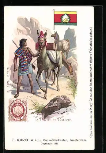 Lithographie La Poste en Bolivie, Postbote mit Lamas