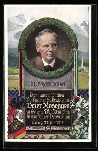 Künstler-AK R. Assmann: Peter Rosegger, zu seinem 70. Geb. in dankbarer Verehrung, Graz 1913, Portrait, Ritter, Wappen