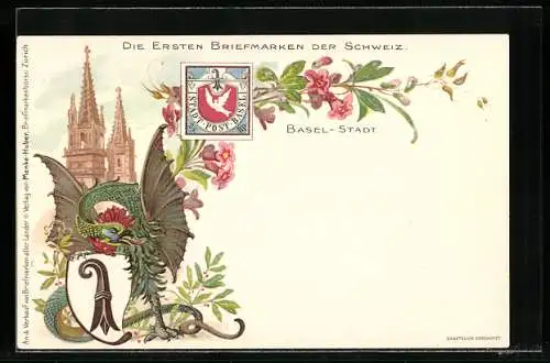 Lithographie Basel, Kirche, Drache und Wappen, Briefmarke Basel-Stadt, Private Stadtpost