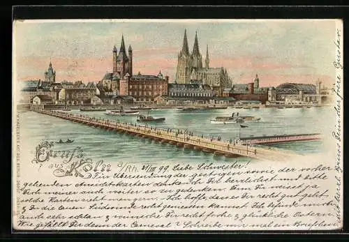 Lithographie Köln, Stadtpanorama mit Brücke und Dampfern, Halt gegen das Licht: beleuchtete Fenster