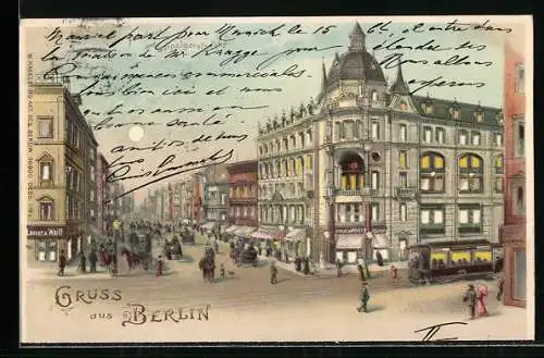 Lithographie Berlin, Strassenbahn in der Strasse Friedrich und Leipziger Ecke, Halt gegen das Licht