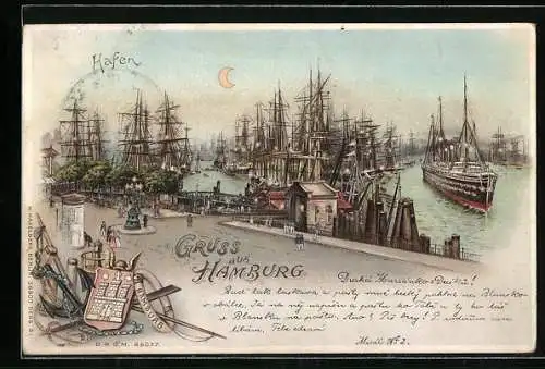 Lithographie Hamburg, Hafen, Dampfer, Anker, Wappen, Halt gegen das Licht: Ansicht bei Nacht