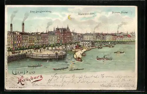 Lithographie Hamburg, Alter Jungfernstieg m. Alsterpavillon und Binnen-Alster, Halt gegen das Licht: Leuchtender Mond