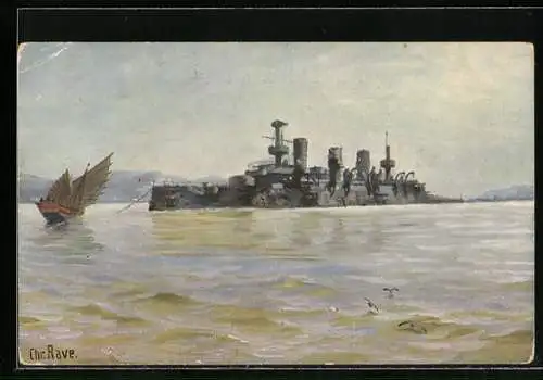 Künstler-AK Christopher Rave: Russ. Panzerschiff Pereswjet nach der Schlacht bei Port Arthur, 1905