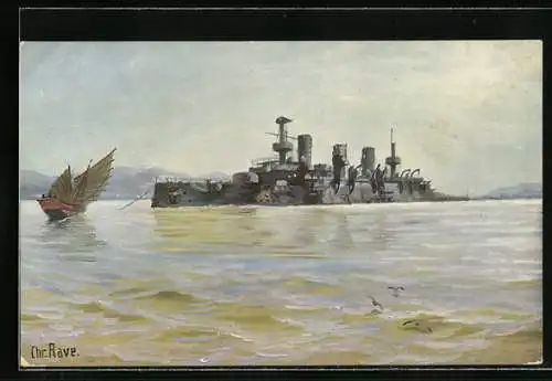 Künstler-AK Christopher Rave: Russisches Schlachtschiff Pereswjet nach der Schlacht bei Port Arthur 1905