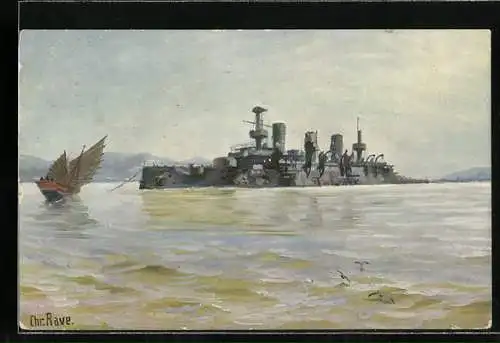 Künstler-AK Christopher Rave: Russ. Panzerschiff Pereswjet nach der Schlacht bei Port Arthur, 1905