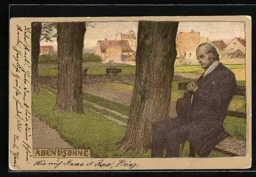 Künstler-Lithographie P. Hey: Alter Mann auf der Parkbank geniesst die Abendsonne