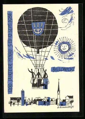 Künstler-AK Henau, 1200 Jahrfeier 1954, Ballonfahrer bringen die Post, Stempel Ballonpost 1954