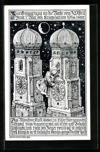 AK Einführung der deutschen Sommerzeit vom 30. April auf den 1. Mai des Kriegsjahres 1916, Münchener Kindl, Frauentürme