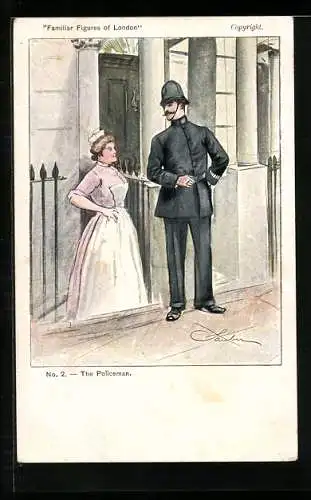 Künstler-AK London, The Policeman, Polizist und Dienstmaid