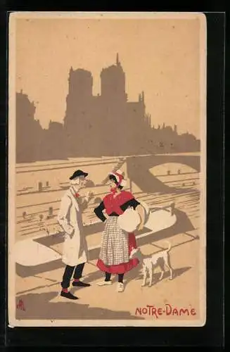 AK Paris VII, Notre-Dame, Mann und Frau mit Hund, Jugendstil