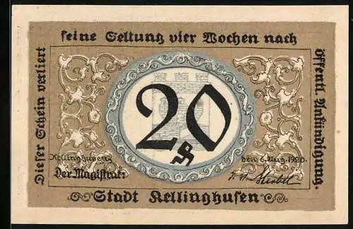 Notgeld Kellinghusen 1920, 20 Pfennig, Stadtwappen, Ortsansicht am Wasser