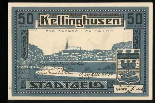 Notgeld Kellinghusen 1921, 50 Pfennig, Ortsansicht, Sanktion von Frankreich