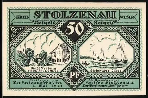 Notgeld Stolzenau 1921, 50 Pfennig, Stadt Rehburg, Steinhuder Meer