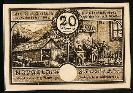 Notgeld Stützerbach, 20 Pfennig, Alte Thür. Glashütte, Zahnradbahn