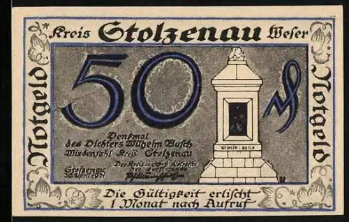 Notgeld Stolzenau 1921, 50 Pfennig, Wilhelm Busch Denkmal, Enthaltsamkeit