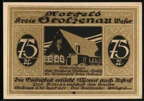 Notgeld Stolzenau 1921, 75 Pfennig, Geburtshaus von Dichter Wilhelm Busch