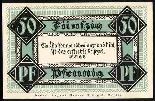 Notgeld Stolzenau 1921, 50 Pfennig, Zitat W. Buschs, Stadt Rehburg, Steinhuder Meer