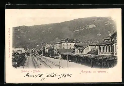 AK Bregenz am Bodensee, Bahnhof und Pfänder, Hotel Europe