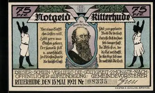 Notgeld Ritterhude 1921, 75 Pfennig, Turnhalle, Turnvater Jahn