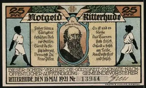 Notgeld Ritterhude 1921, 25 Pfennig, Turnhalle, Turnvater Jahn