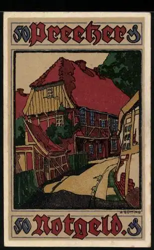 Notgeld Preetz 1921, 50 Pfennig, Strasse mit Fachwerkhäusern