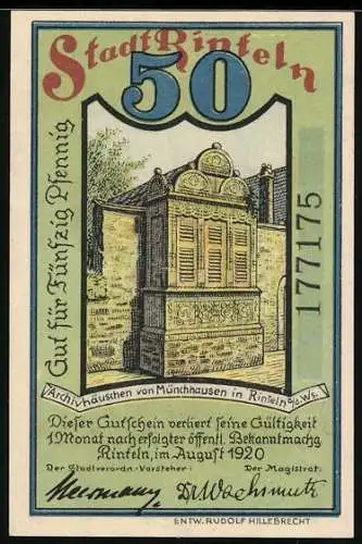 Notgeld Rinteln 1920, 50 Pfennig, Archivhäuschen und Münchhausen auf Kanonenkugel