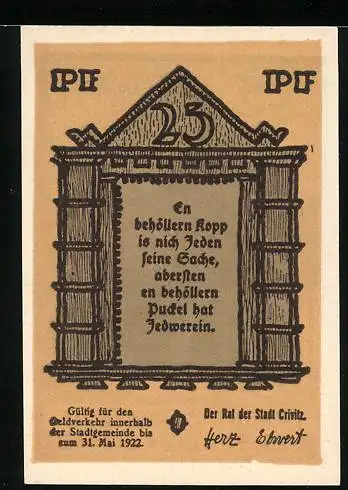 Notgeld Crivitz 1922, 25 Pfennig, Ortspartie mit Kirche