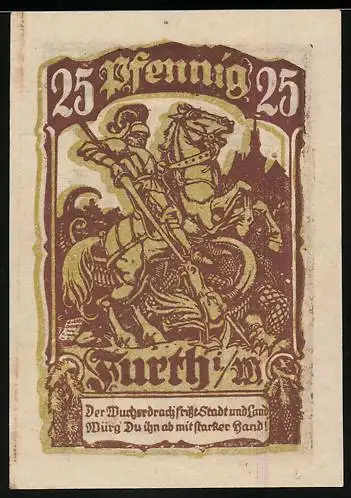 Notgeld Furth i. Wald 1921, 25 Pfennig, Ritter beim Kampf mit Drachen