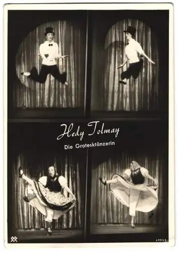 Fotografie Grotesktänzerin Hedy Tolmay, verschiedene Bühnenszenen, Autograph Rückseitig, Augsburg 1941