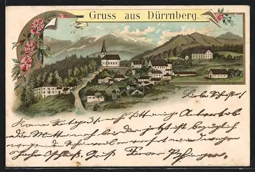 Lithographie Dürrnberg, Ortsansicht mit Kirche