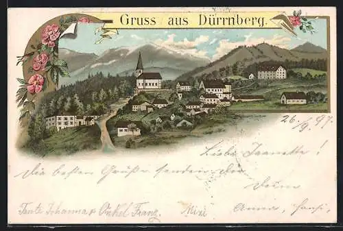 Lithographie Dürrnberg, Ortsansicht mit Kirche