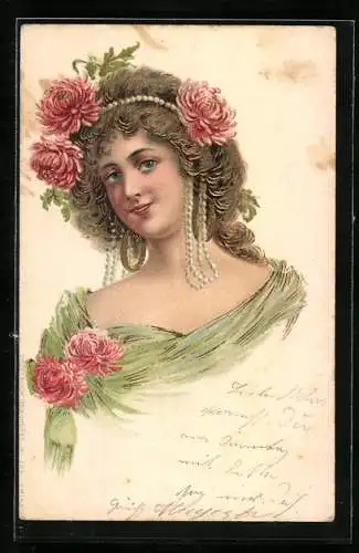 Präge-AK Junge Frau mit Blumen im Haar, Jugendstil