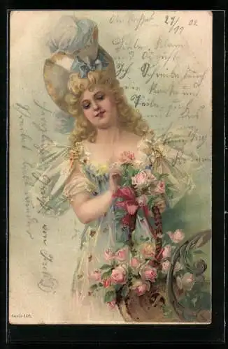 AK Junge Frau im Kleid mit Rosen, Jugendstil