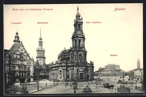 AK Dresden, Blick von der Brühlschen Terrasse mit Schlossturm, Hofoper und Hofkirche