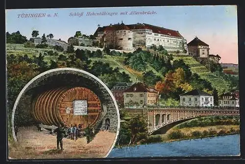AK Tübingen am Neckar, Blkick hinauf zum Schloss Hohentübingen mit Alleenbrücke und dem Riesenfass im Schlosskeller