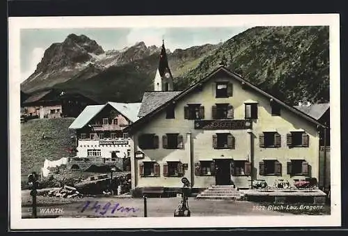 AK Warth /Vorarlberg, Berghotel Biberkopf und Gasthof-Pension Tirolerhof mit Blick auf Kirche und Berge