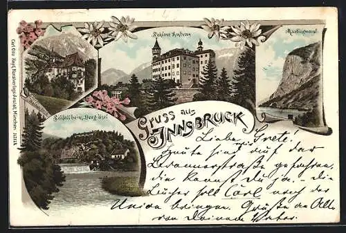Lithographie Innsbruck, Schloss Ambras, Martinswand, Sillfall im Berg Isel