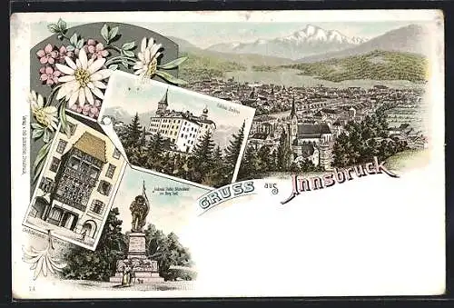 Lithographie Innsbruck, Schloss Ambras, Goldenes Dachl, Andreas-Hofer-Monument am Berg Isel