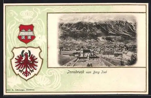 AK Innsbruck, Ortsansicht vom Berg Isel, Passepartout mit Stadtwappen