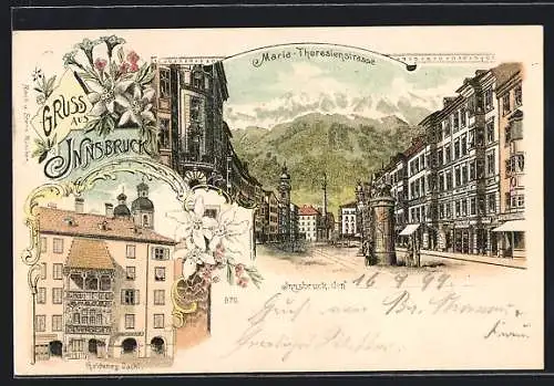 Lithographie Innsbruck, Maria-Theresienstrasse, das Goldene Dachl